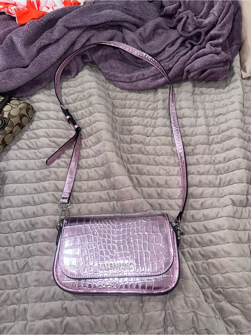 Metallic Lilac Croc-Embossed Crossbody Bag Valentino
